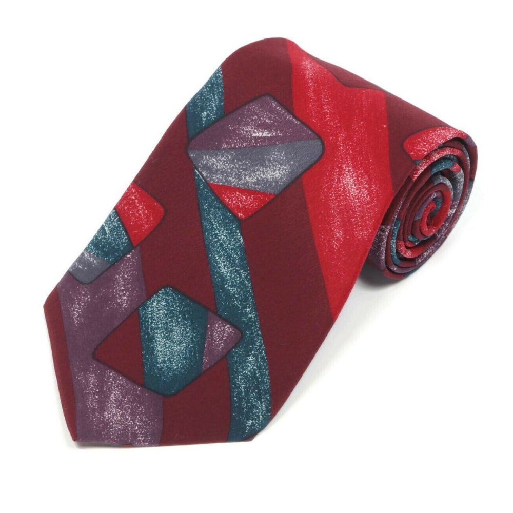 PORTOFINO Abstract Geometric Red Burgundy Gray Floating Cube Men's Silk Neck Tie